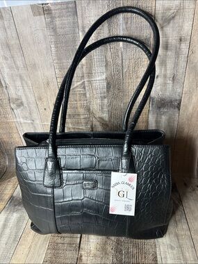 Osprey Black Leather Croc-Embossed Tote Bag